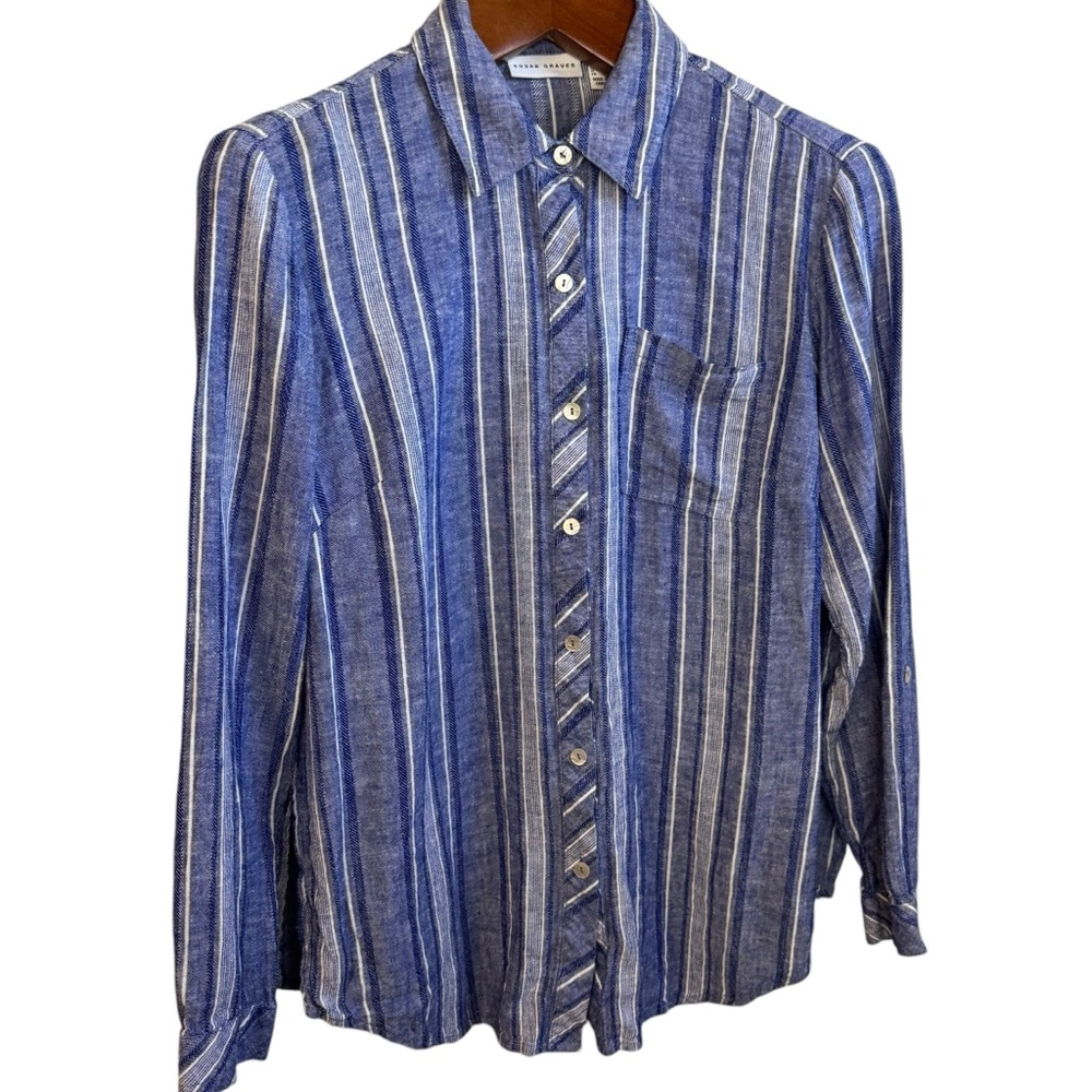 Susan Graver Linen Blend Button Down Long Sleeve Blue Stripe Shirt size small